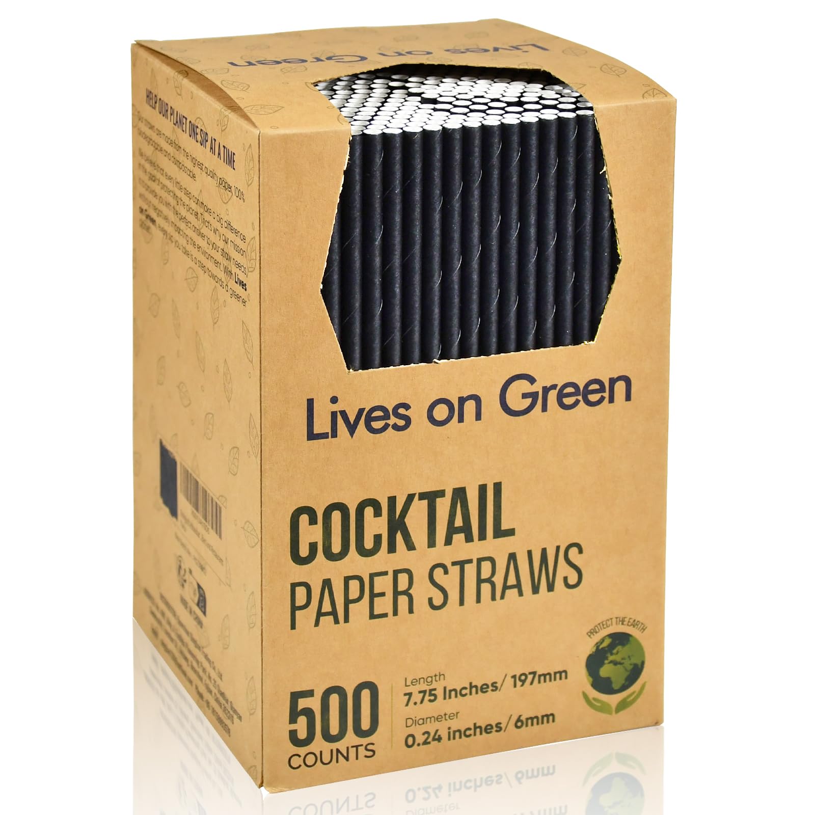 Lives on Green Biodegradable Disposable Black Paper Drinking Straws for Cocktails and Drinks - 19.7 x 0.6 cm, Pack of 500 - for Home, Bars and Restaurants
