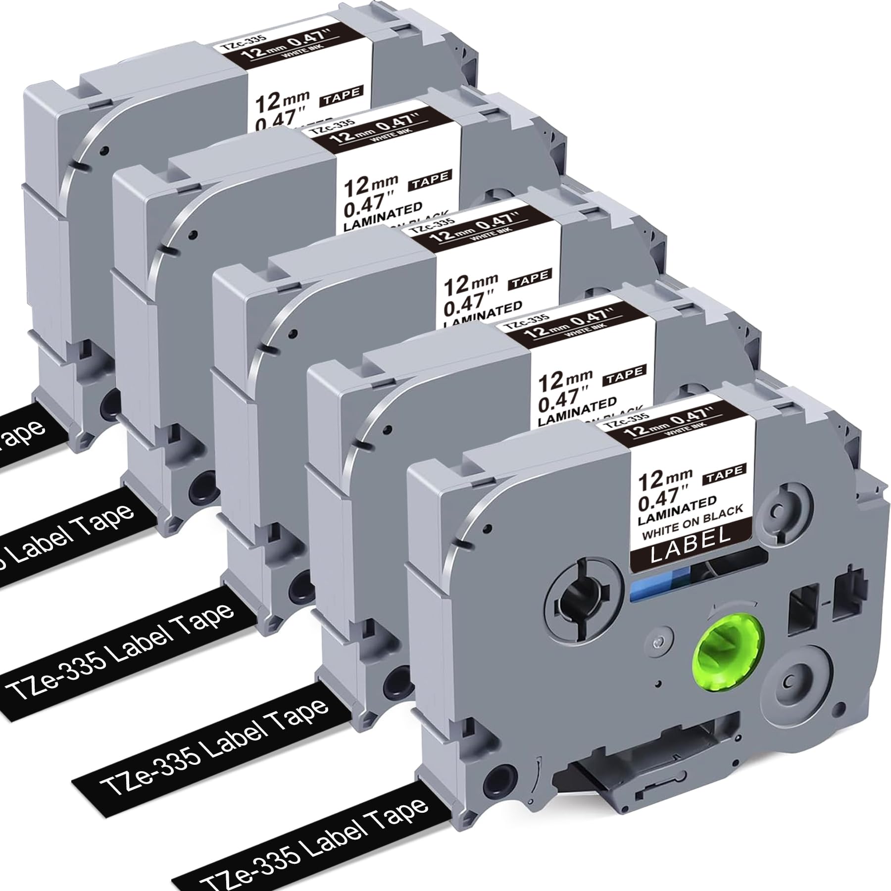 Replacement for Brother P Touch TZe-335 Tape 12mm White on Black Label Tape Compatible with Ptouch Label Tape TZe335 for Brother PTD210 PTH110 PTD600 Label Maker, 5-Pack