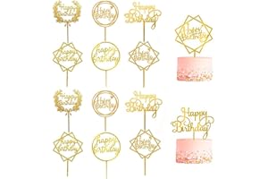 12Pcs Acrylic Cake Topper, BetterJonny Double-Sided Glitter Happy Birthday Gold Cake Topper Set, Birthday Decoration for Adul