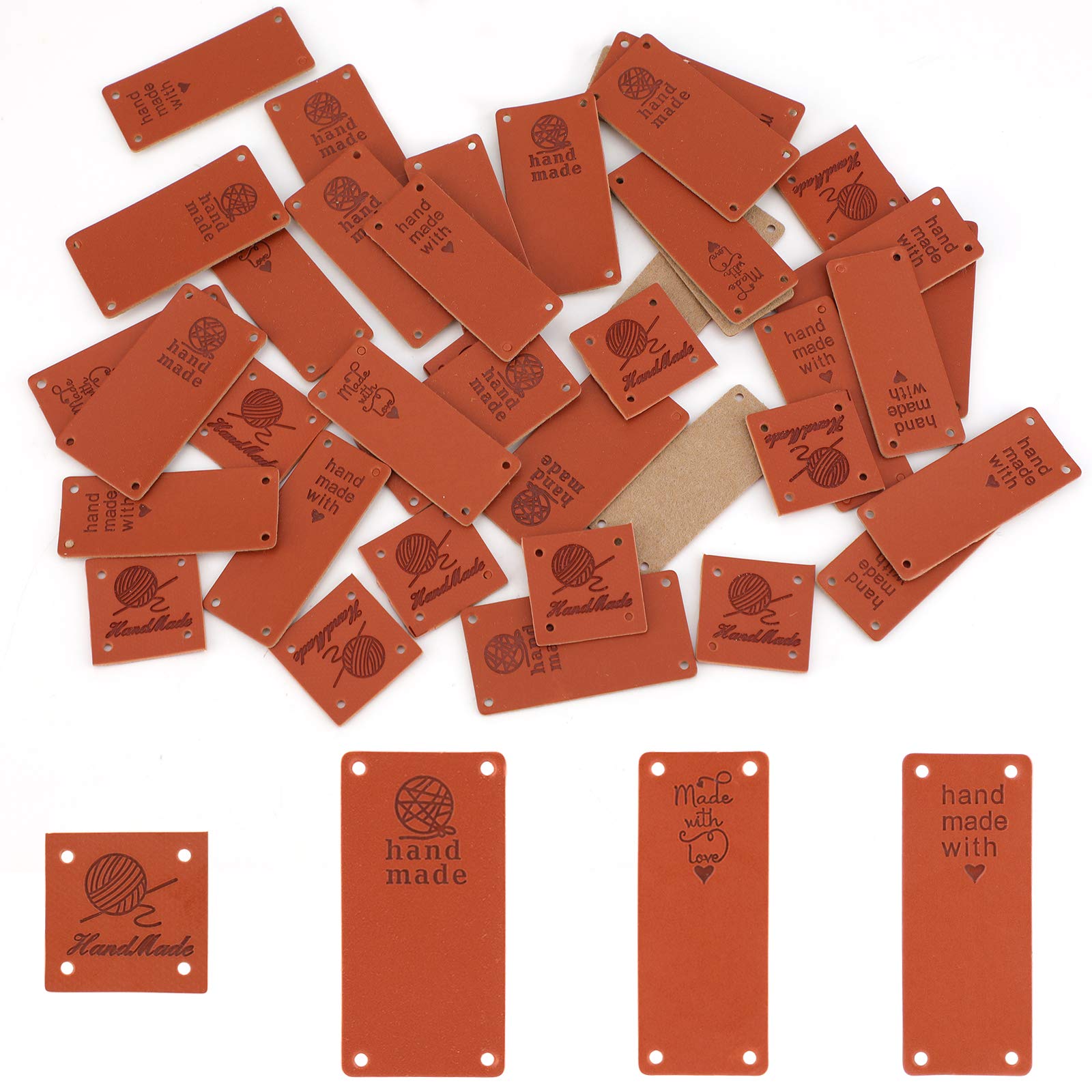 SAVITA 40PCS Handmade Leather Labels PU Leather Labels Hand Made Embossed Tags with Holes for Crafts, Knitting, and Crocheting(4 Patterns)
