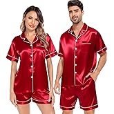 SWOMOG Satin Matching Pajamas Sets Couple Silk Button Down Nightwear Women & Men Short Sleeve Sleepwear 2 Pieces Loungewear