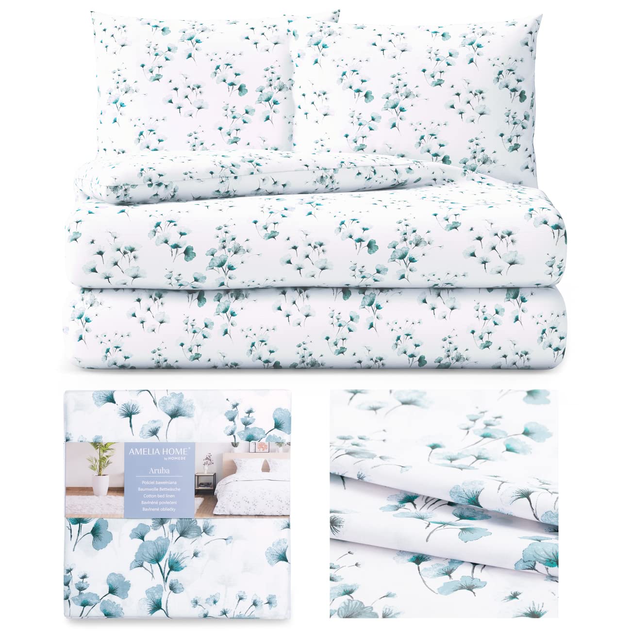 AmeliaHome 3-Piece Bed Linen 200 x 200 cm with 2 Pillowcases 80 x 80 cm 100% Cotton Zip Averi Floral Pattern Aruba