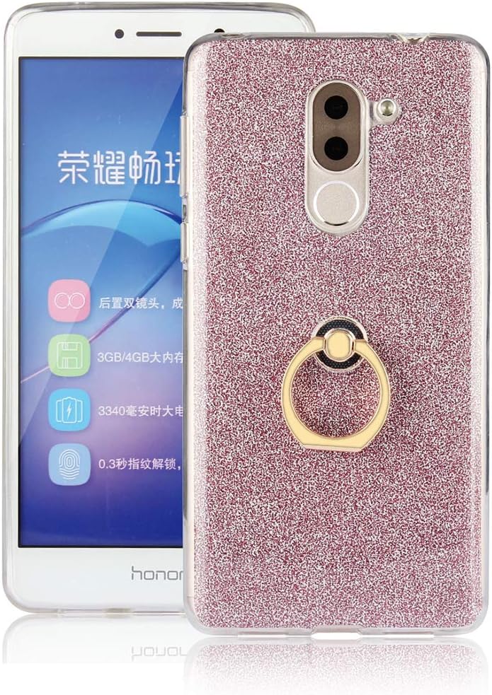 Huawei Honor 6X Case, Lyzwn Cute Glitter Sparkle Bling Clear Transparent Shockproof Drop Protection Soft TPU Phone Case Cover With Finger Grip Ring Stand Holder