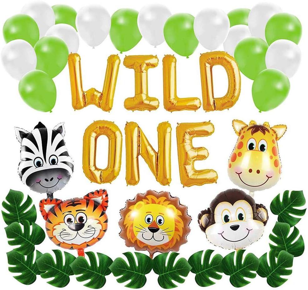 Sunnyushine Jungle Safari Theme Party Decorations Baby WILD ONE Inflatable Little First Birthday Party Banner Balloon Decoration Set for Kids Boys Girl Birthday Baby Shower Decor