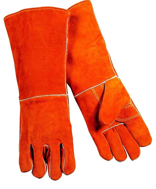 Jupiter Industries - Heat Resistant & Wear Resistant Lined Leather Gloves with Fireproof Stitching - for Tig/Mig Welders/Fireplace/BBQ/Gardening/Grilling/Stove (14-inch, Orange)