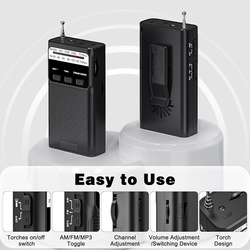 Rádio pequeno, rádios AM/FM, rádio de bolso com clipe traseiro, rádios portáteis com bateria recarregável incorporada, rádio com ranhura para cartão TF, entrada para auscultadores de 3,5 mm e função de luz (preto) — foto 3 de 7