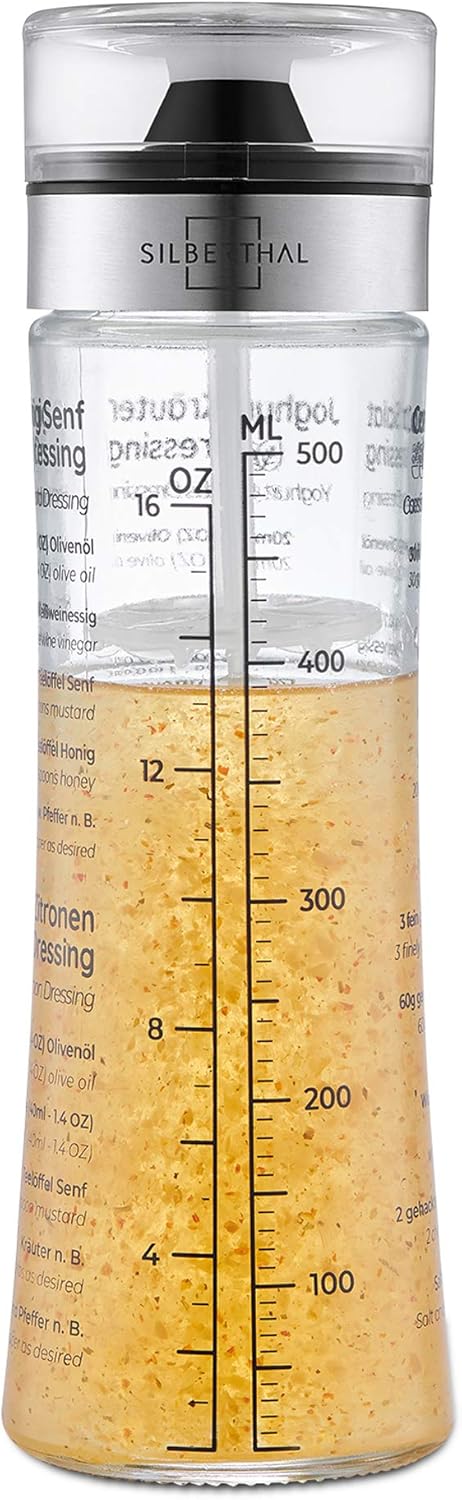 SILBERTHAL Dressingshaker aus Glas mit Rezepten – 500 ml – Spülmaschinenfest - Neuer Deckel