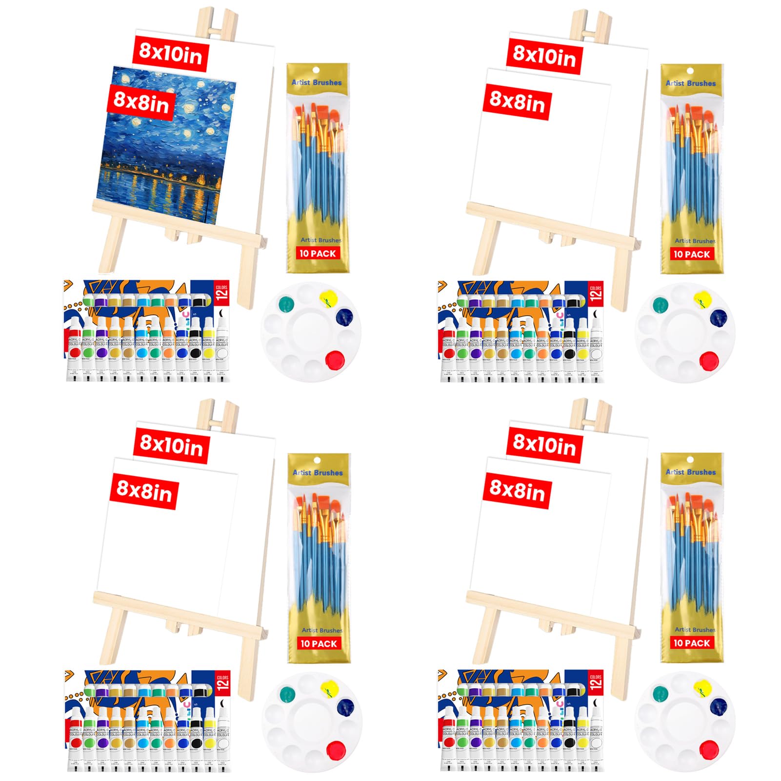 View 1 of 104 Pack Canvas Painting Kits for Adults Kids, 12 Color Acrylic Paint Set with 8 Canvases 4 Wood Easels 4x10 Size Brushes 4 Palettes, Sip and Paint Party Supplies Kit Canvas and Easel Set for Party