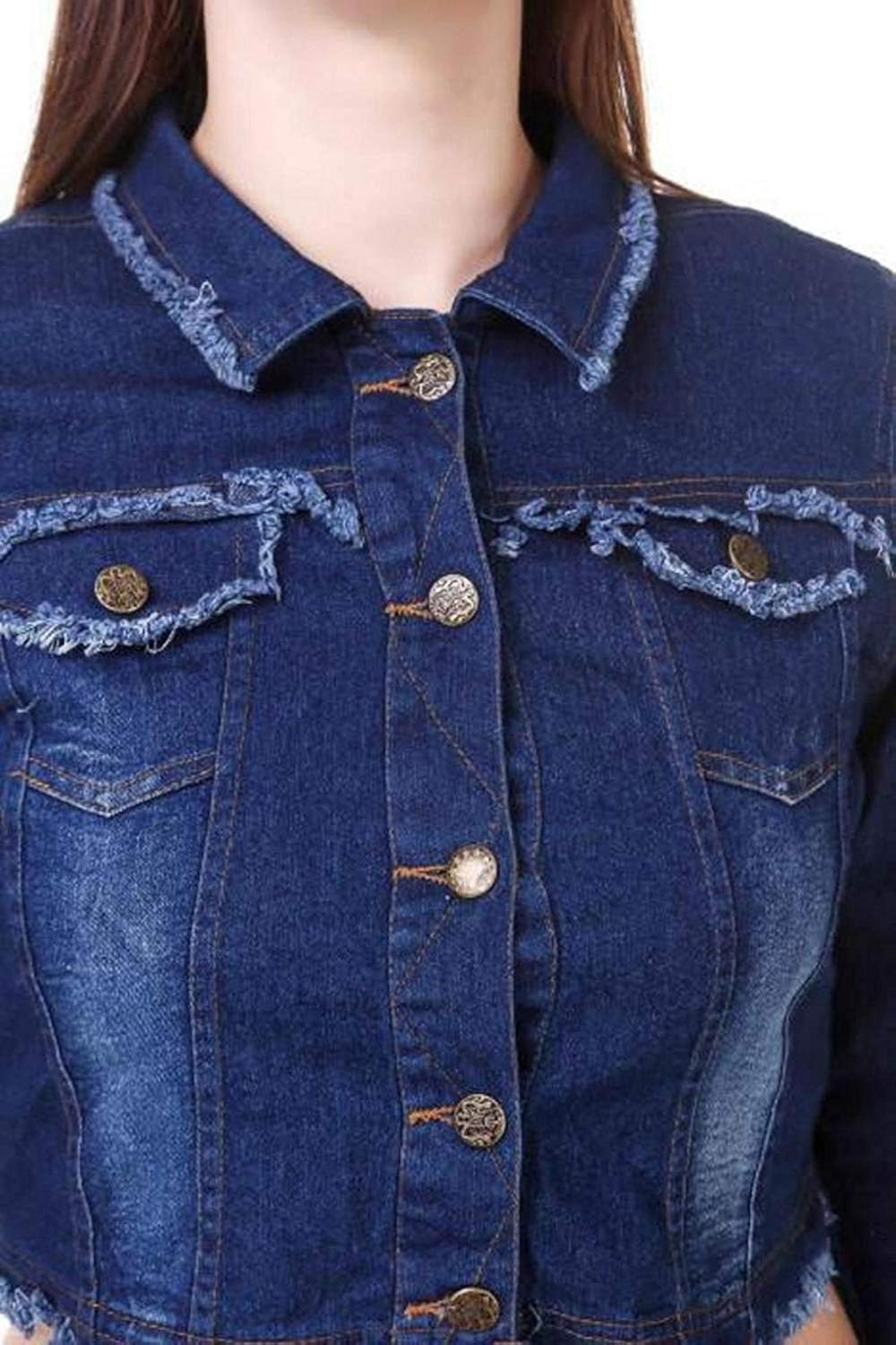 kanzul denim solid dark blue 3/4 sleeves regular collar women jacket