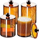 4 Pack Qtip Holder,Canister Apothecary Jar Set, Bathroom Jars with Lids Set for Cotton Swabs, Balls, Pads, Floss Picks,10oz-12oz Plastic Canisters Restroom Bedroom Vanity Organizer(Brown)