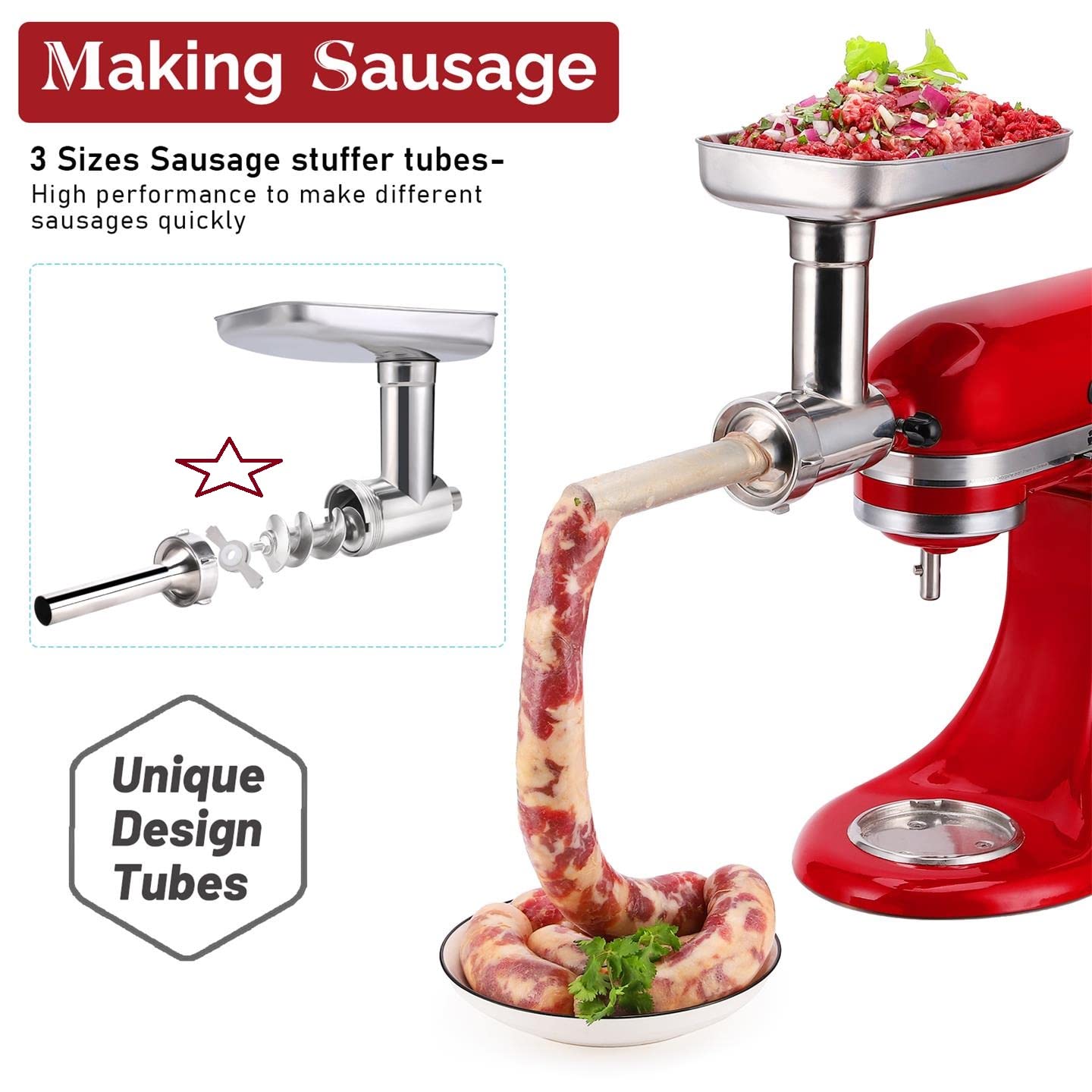 FavorKit Stainless Steel Food Grinder Attachment for KitchenAid Mixers, Dishwasher Safe Meat Processor Accessories Included 3 Sausage Stuffer Tubes