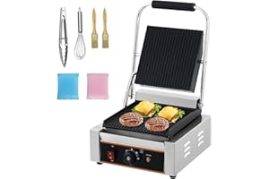 Commercial Panini Grill, 1800W Electric Sandwich Panini Maker,9"x9" Full Grooved Enamel Plate Stainless Steel Double Sandwich