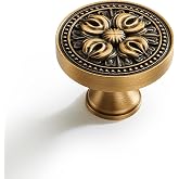 FLIRABBIT Antique Solid Brass Cabinet Knobs, 2 Pack | Vintage Floral Carved, Drawer Pulls, for Kitchen Dresser Bathroom Wardrobe Hardware
