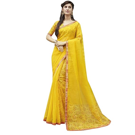 Womens Net Saree with Unstitched Blouse Piece (SDHNA18049SSSR02_Yellow)