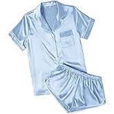 Ekouaer Womens Silk Satin Pajamas Short Sleeve PJS Shorts Set Soft Button Down Sleepwear 2 Piece Loungewear S-5XL