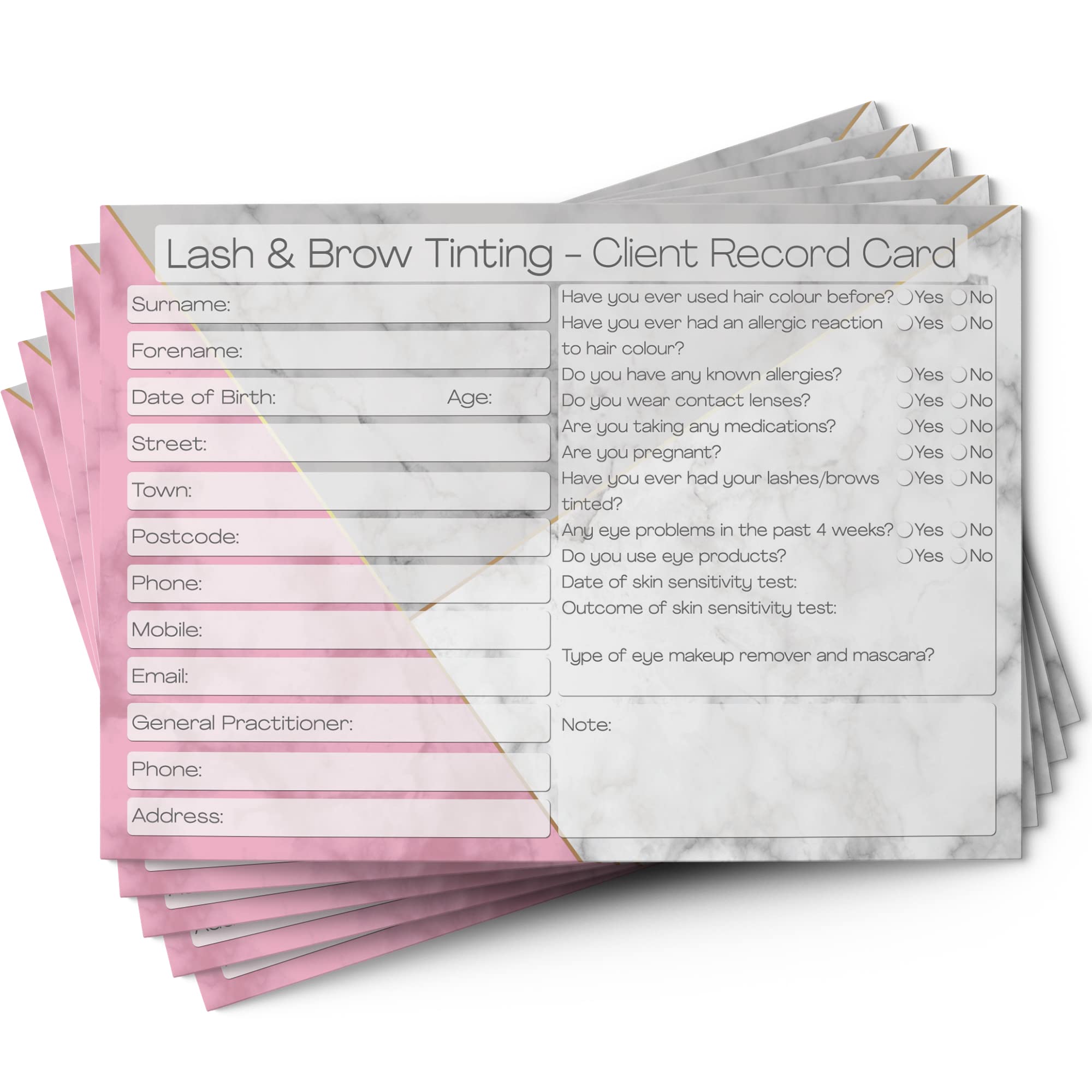 Lash & Brow Tinting Client Record Cards A6 Size Salon Therapist Customer Consultation Mobile Therapist Treatment Services Essentials Profile Recording Forms Vouchers Beauty Stationery Pack of 25