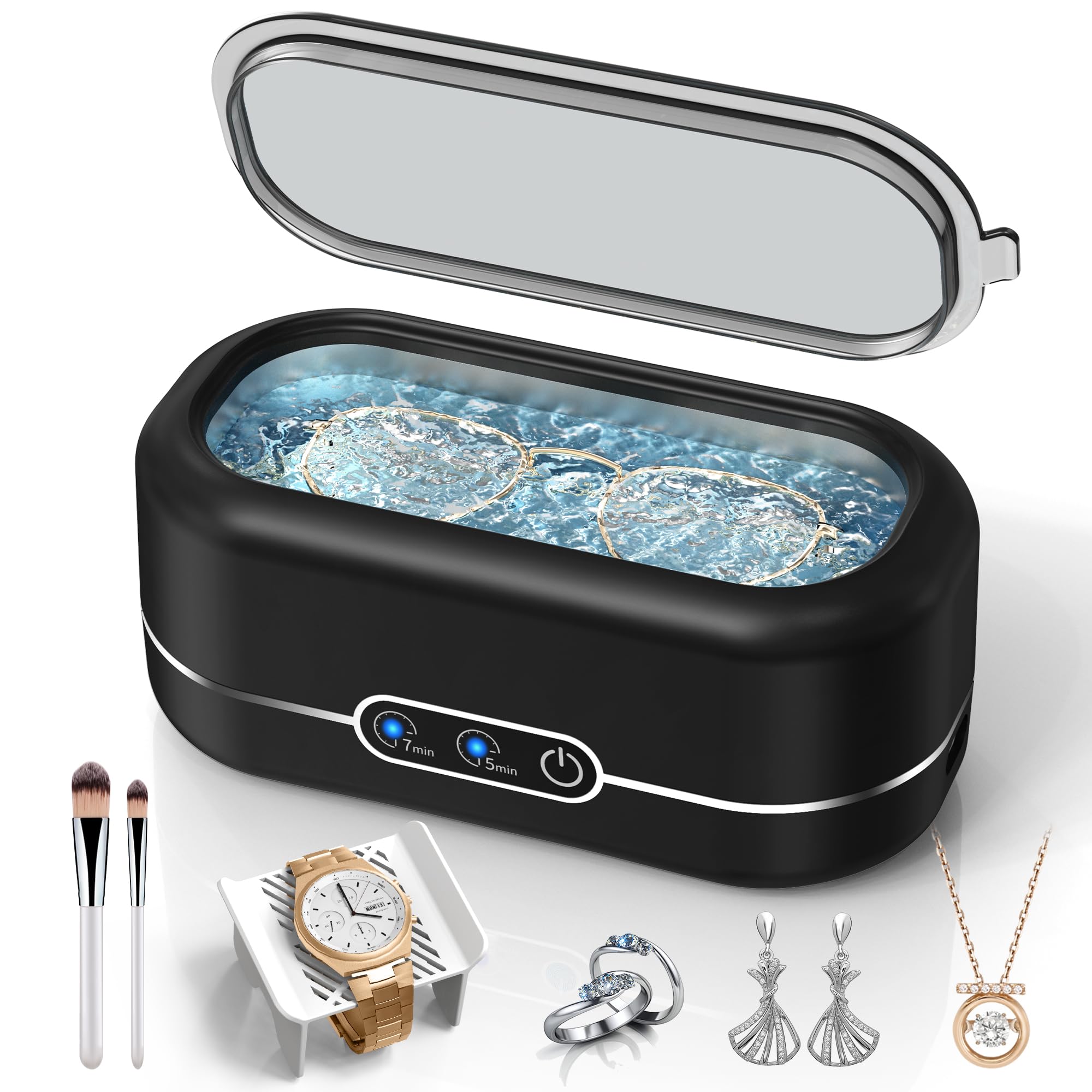 Photo 1 of Miorcols Ultrasonic Jewelry Cleaner, 48KHz Ultrasonic Cleaner Machine for Jewelry, Glasses, Rings, Retainers, Watch Strap, Dentures, 304 Stainless Steel 12oz Cleaning Pod - Black