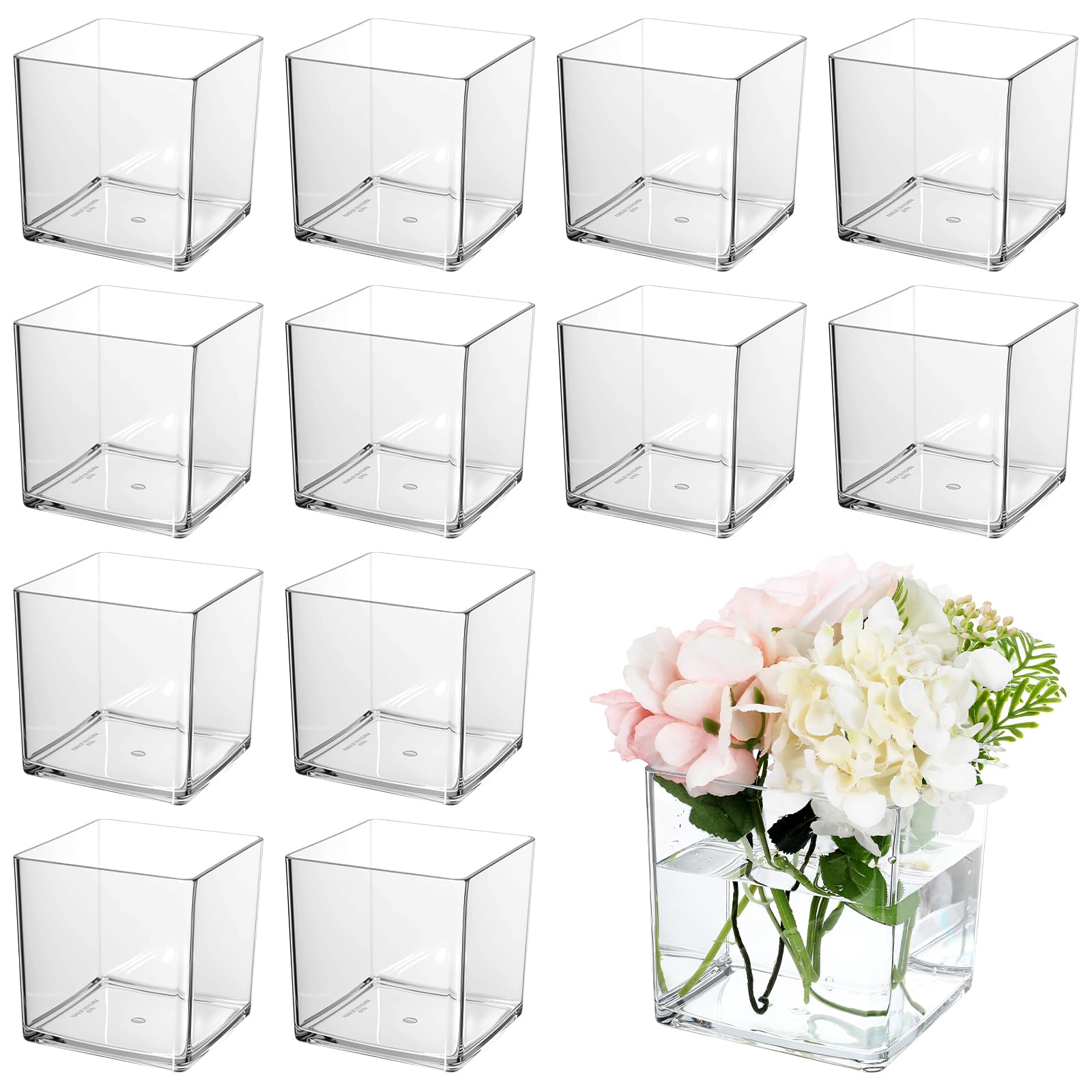 Photo 1 of 12 Pcs Cube Clear Flower Vase - 4'' x 4'' Acrylic Square Vase - Decorative Centerpiece for Plant, Wedding, Home, Office Floral Decor