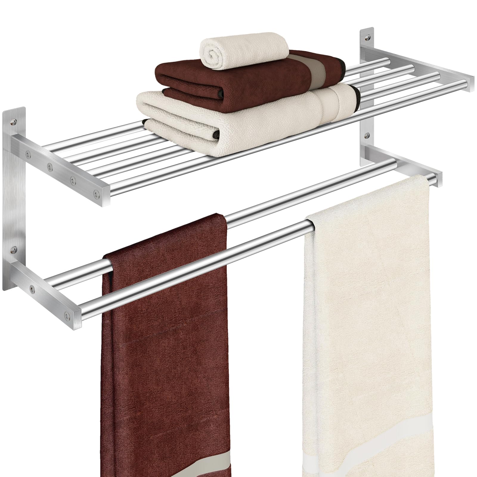 Photo 1 of Towel Racks for Bathroom 24 inch, 2 Tier Bathroom Shelf with Double Towel Bar, Stainless Steel Wall Mounted Towel Rack with Shelf for Bathroom Towels Storage, Brushed Nickel