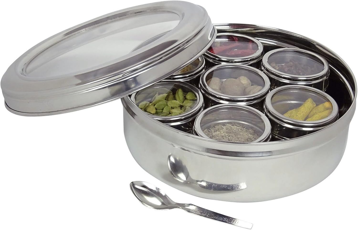 SamBara Caja de Especias de Masala Dabba de Acero Inoxidable Tapa Individual + 5 Tarjetas de Receta Gratis, Regalo de Boda Indio: Amazon.es: Hogar