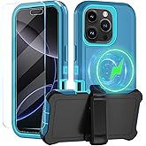 CONWOE Magnetic for iPhone 16 Pro Case,with Belt Clip,[Compatible with Magsafe] W/Tempered Glass Screen Protector,Anti-Drop,Shockproof,Heavy Duty Protection (Lake Blue)