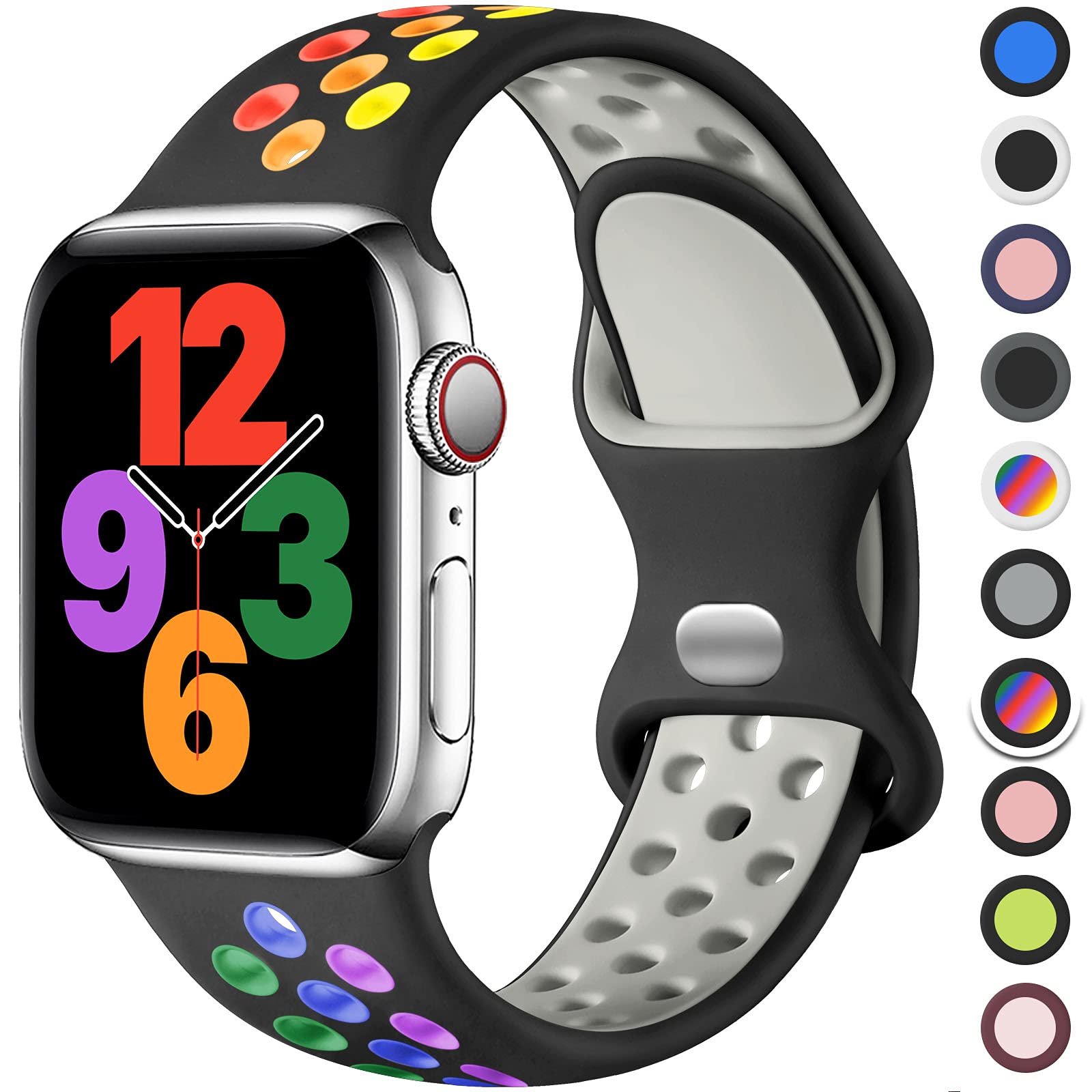 Upeak Sport Strap Compatible with Apple Watch Strap 44mm 45mm 46mm 42mm 49mm, Breathable Silicone Double Hole Band for iWatch Strap Series 11 10 9 8 7 6 5 4 2 1, SE 3, Ultra 3,L, Black/Rainbow