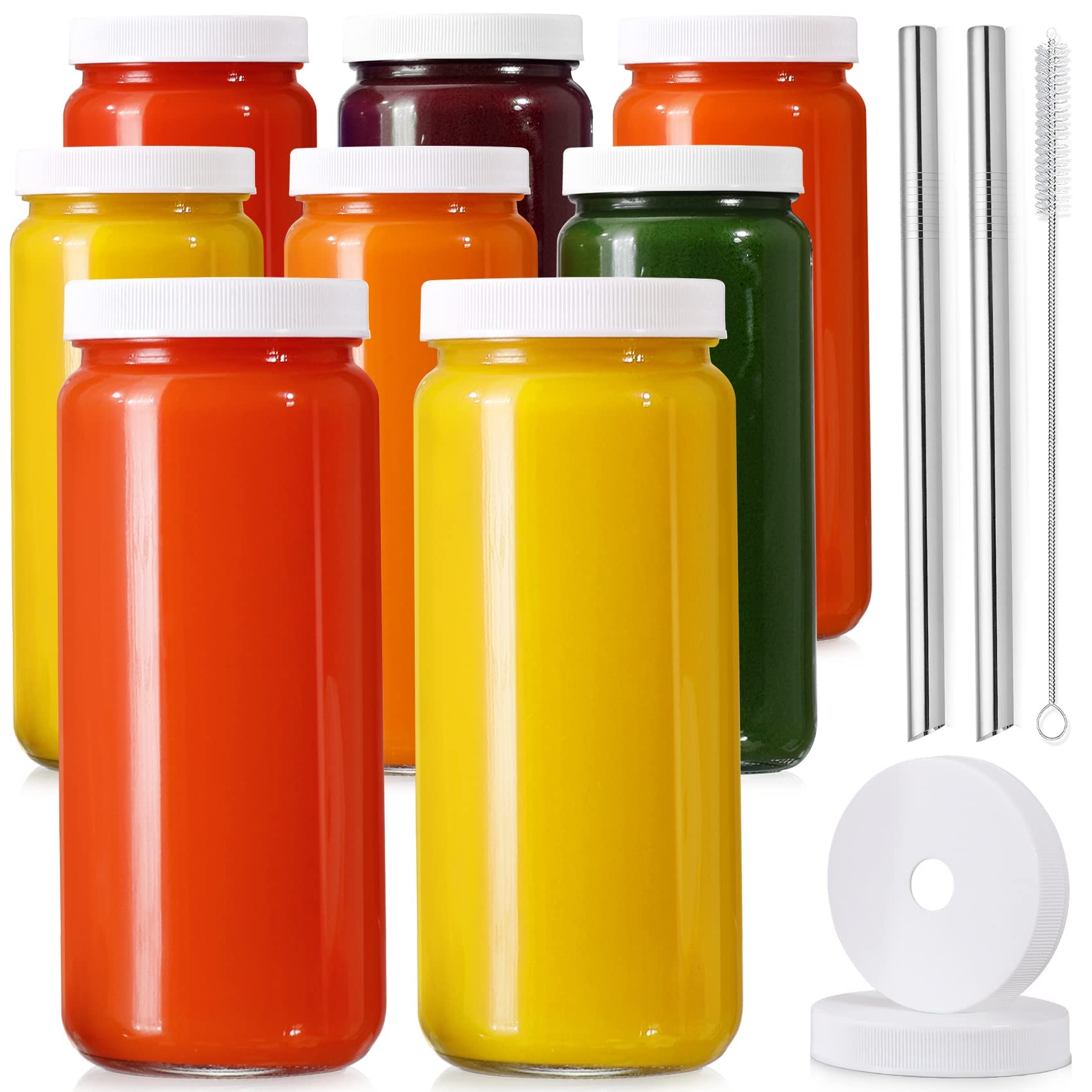 Photo 1 of [ 8 Pack ] Glass Juicing Bottles with 2 Straws & 2 Lids w Hole- 16 OZ Travel Drinking Jars, Water Cups with White Airtight Lids, Reusable Tall Mason Jar for Juice, Bubble Tea, Smoothie, Tea, Kombucha