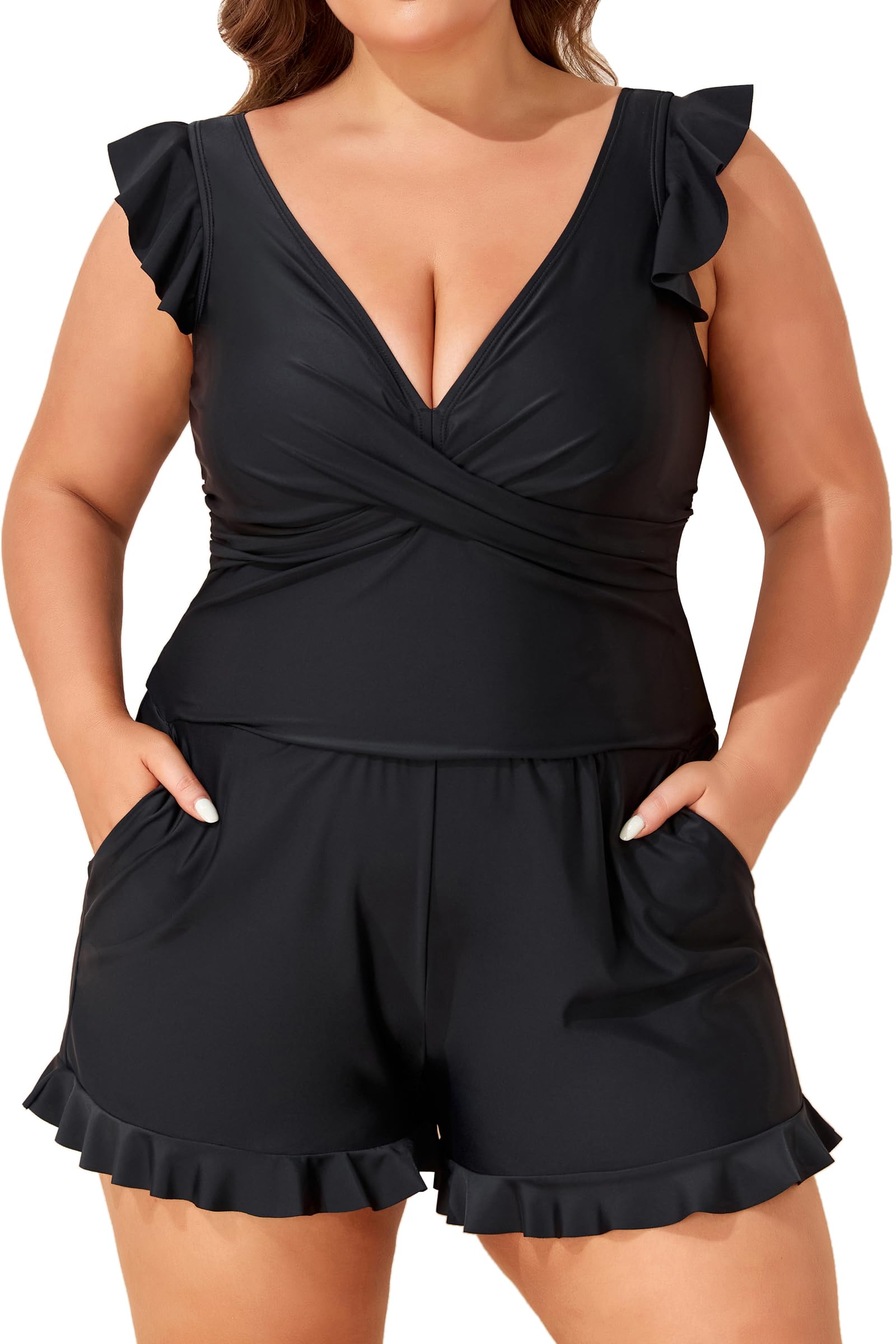 Photo 1 of Smismivo Swim Romper with Built in Bra and Pockets Plus Size Swimsuit Full Coverage Bathing Suit with Shorts Modest Criss Cross Swimwear Ruffle Sleeve Swim Suit V Neck Swim Dress Shorts (Black)