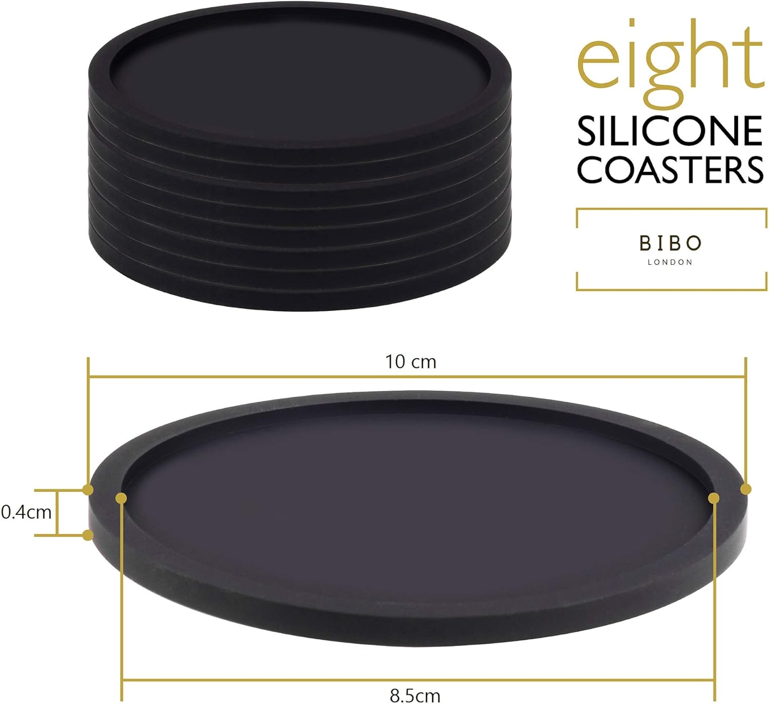 Set of 8 Black Drink Coasters by BIBO London™. Heatproof Drinks Mats, Protecting All Table Surfaces Including Wood, Glass - Image 4