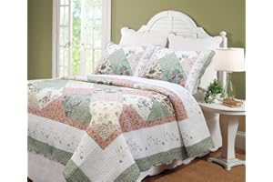 Cozy Line Home Fashions Floral Real Patchwork Green Peach Scalloped Edge Country 100% Cotton Quilt Bedding Set, Reversible Coverlet Bedspread (Celia, King - 3 Piece)