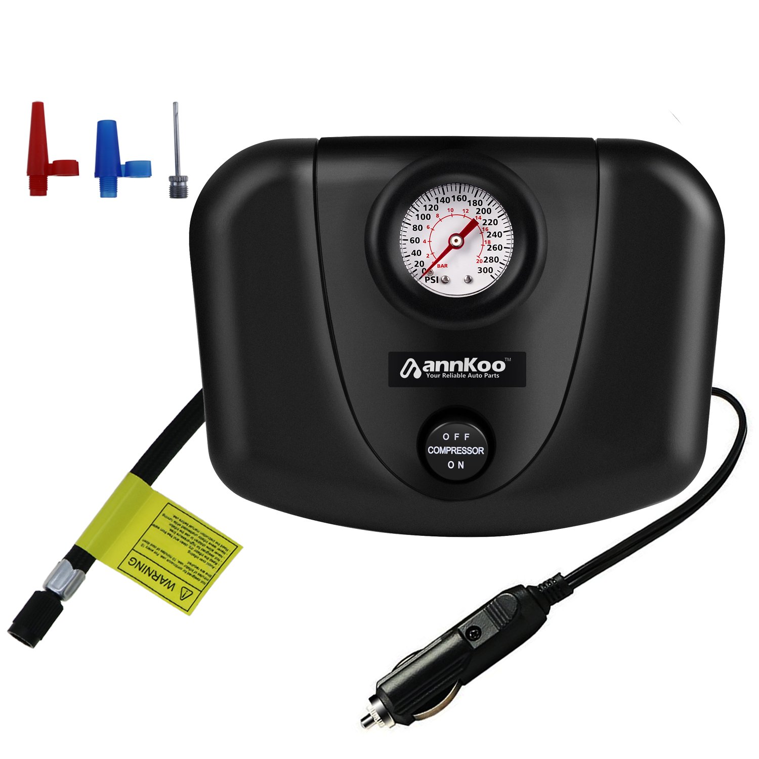 ANNKOO 300PSI Tire Inflator Premium Electric 12v DC Portable Auto Air Compressor Pump for Car, Truck, Bicycle or RV, Basketballs, Air Bed Mattress and Other Inflatables