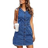 Sexyshine Women's V Neck Button Down Denim Dress Summer Sleeveless Frayed Raw Hem Jean Mini Dress with Pockets