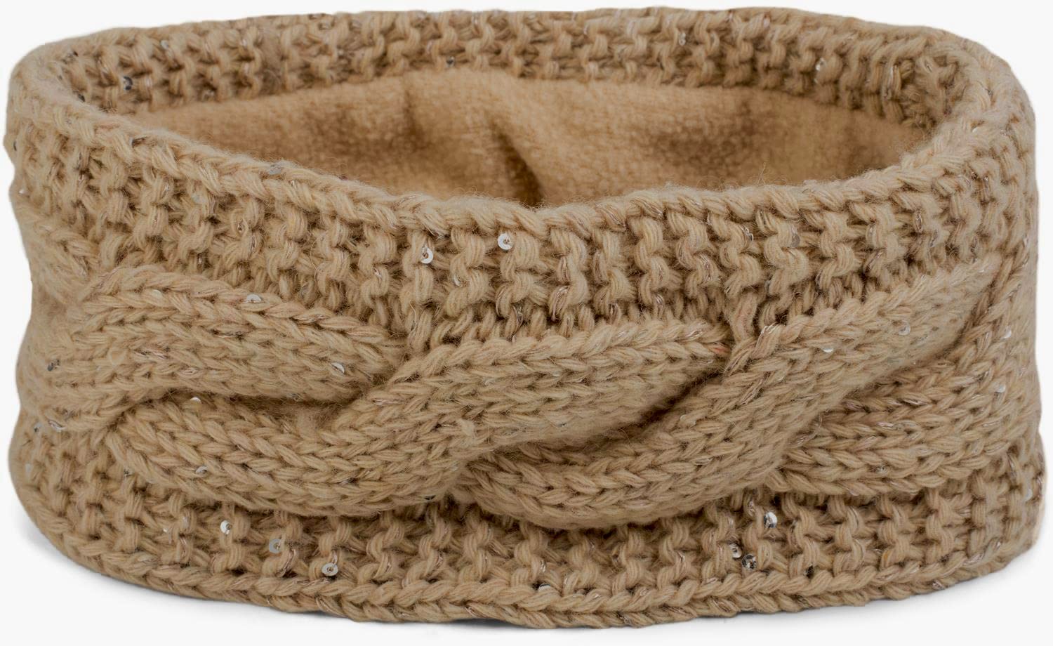 styleBREAKER Women Browband coarse knit with plait pattern and sequins, warm fleece lining, hair band, headband 04026002, color:Beige