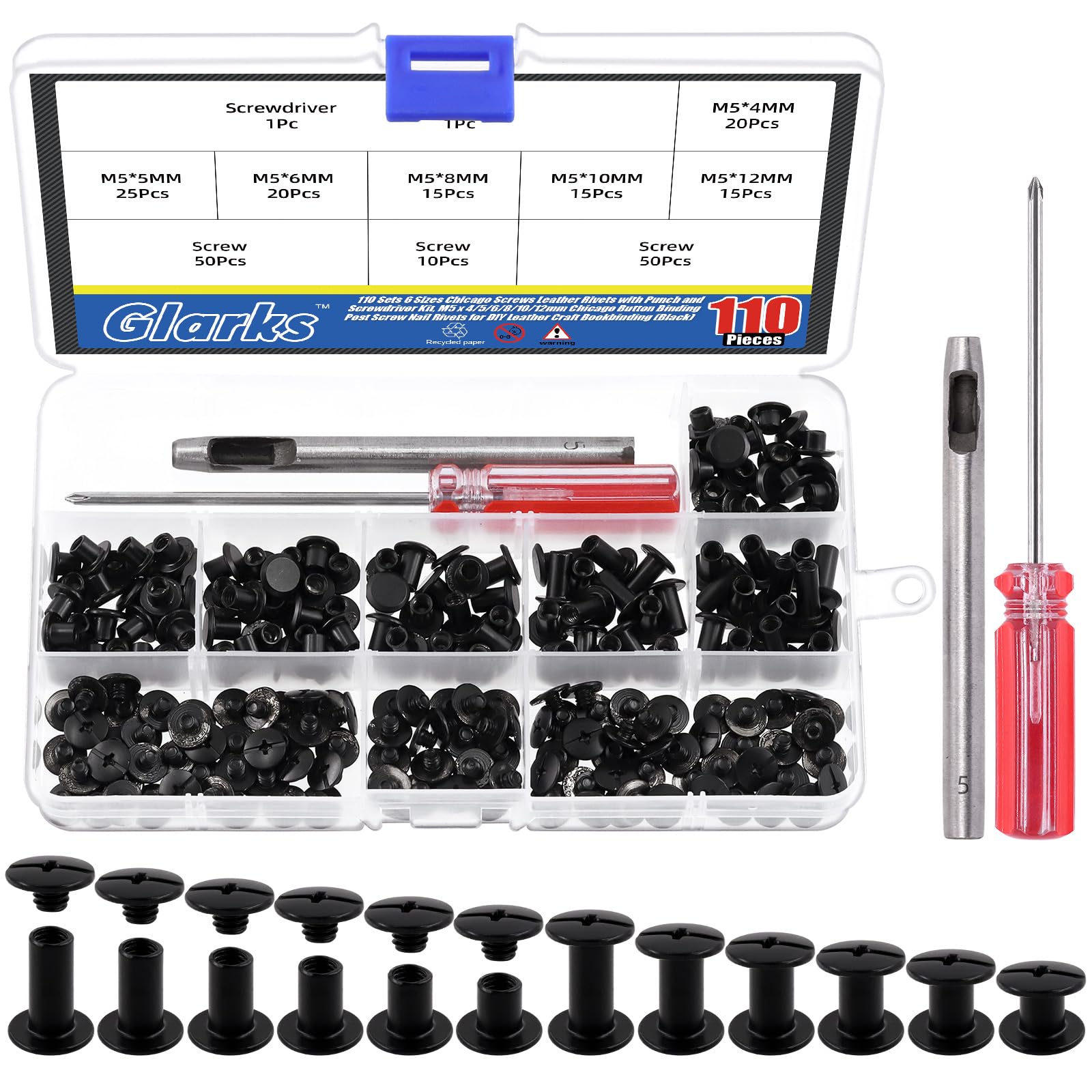 Glarks 110 Sets 6 Sizes Chicago Screws & Leather Rivets Kit, M5-12mm, Black for DIY Leather Craft Bookbinding