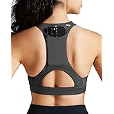 QUEENIEKE BareFlow Women's Sports Bras with Phone Pocket Medium Impact Padded Racerback Workout Gym Crop Top Running Yoga Bra