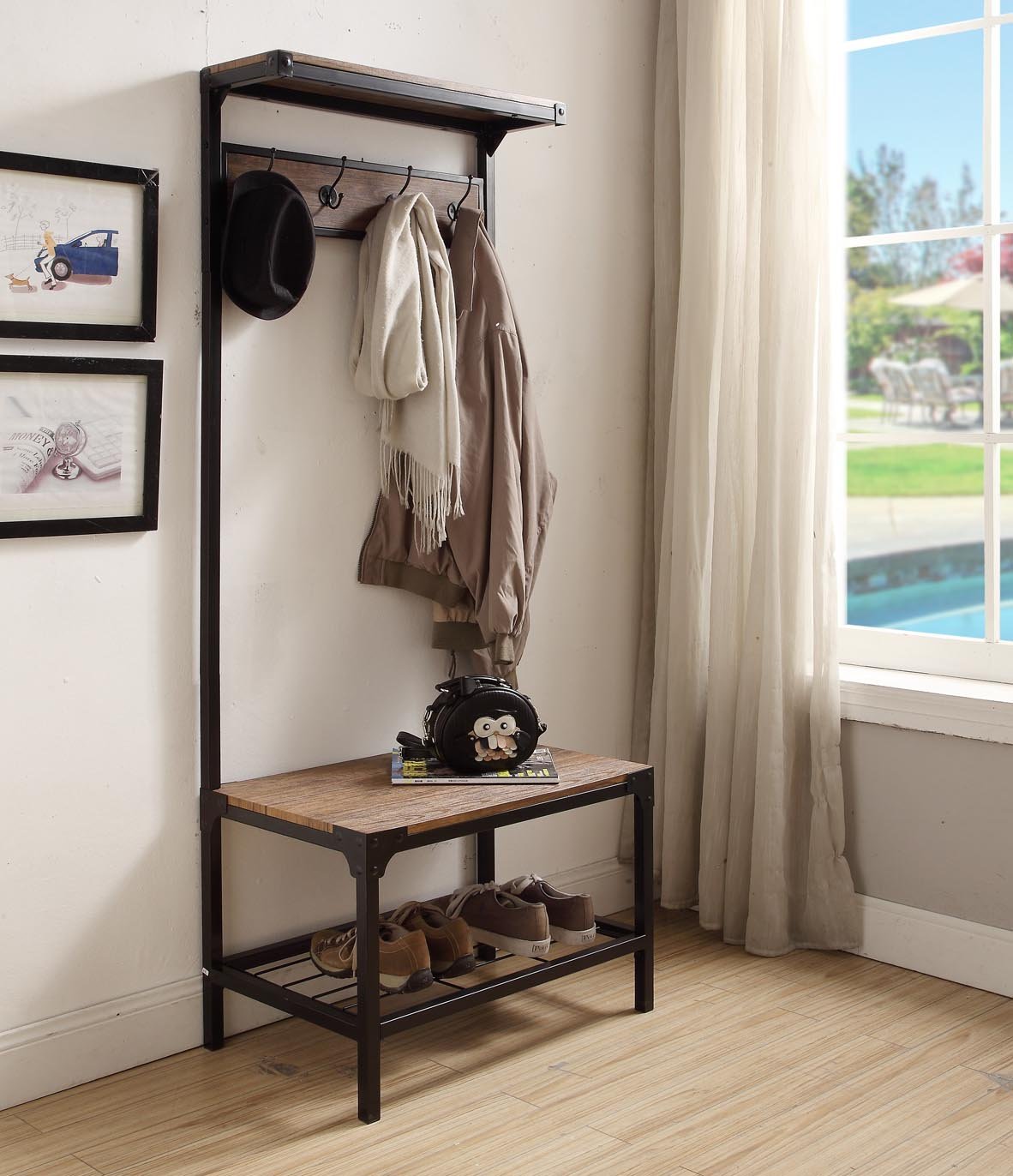 eHomeProducts Vintage Dark Brown Industrial Look Entryway Shoe Bench