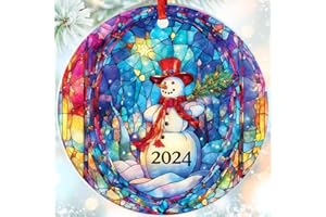 Jabihome Year Ornament 2024, Collectible Christmas Ornaments, Acrylic Christmas Tree Suncatcher Effect, Stained Glass Effect Holiday Dated Ornament Gift Exchange (Snowman Art)