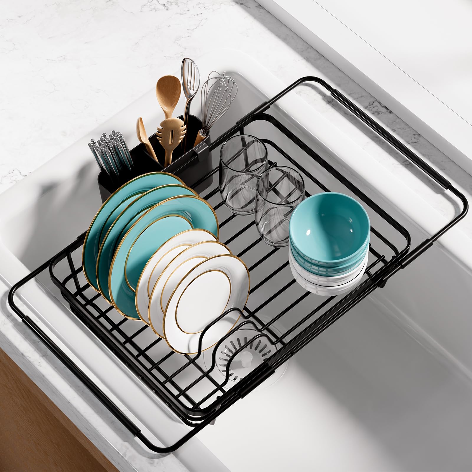 Photo 1 of Sakugi Stainless Steel Dish Drying Rack for Kitchen Counter, Sink Organization and Storage Essentials with Silverware & Utensil Holder, Home and Apartment Decor, 12" W x 15.8~23" L, Black