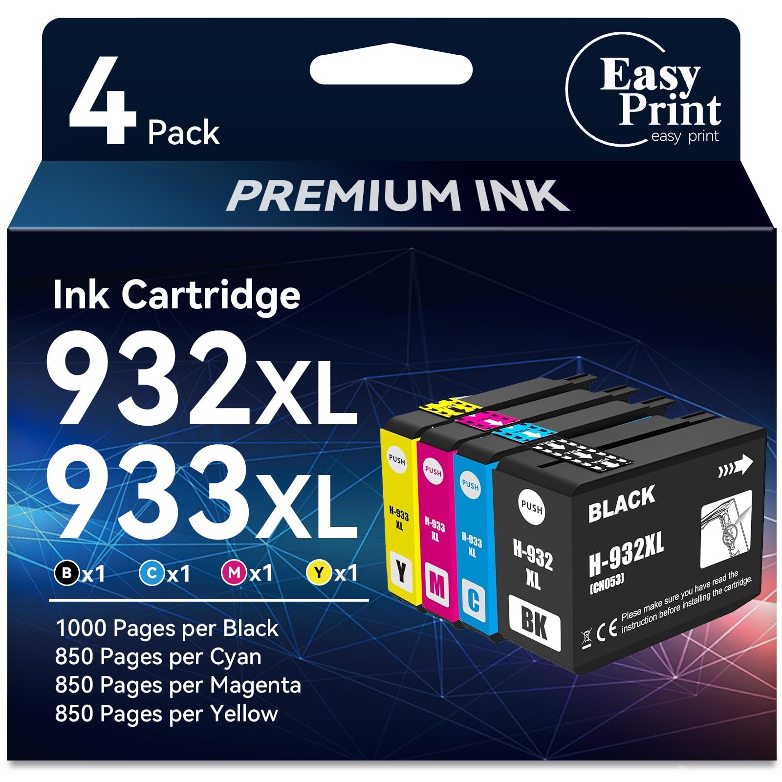 Photo 1 of EASYPRINT Compatible 932XL 933XL Ink Cartridges BK/C/M/Y Replacement for HP 932XL 933XL 932 933 Compatible with Officejet 6100 6600 6700 7110 7510 7610 7612 7620 Printer 4 Pack
