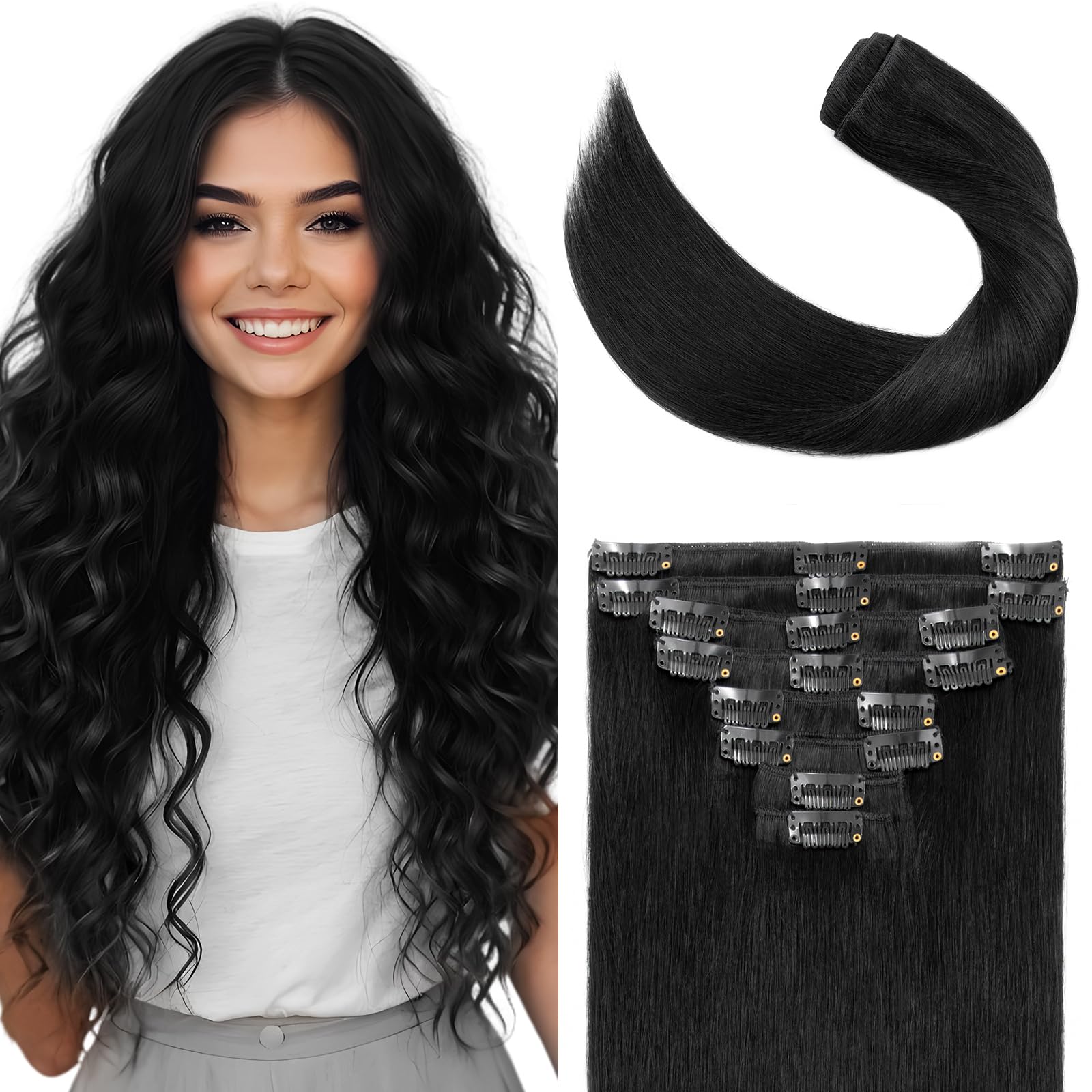 Elailite Clip in Hair Extensions Real Human Hair Remy Natural Hair - 8 Pieces Standard Weft Full Head Straight - #1 Jet Black - 14 Inch (80 g)