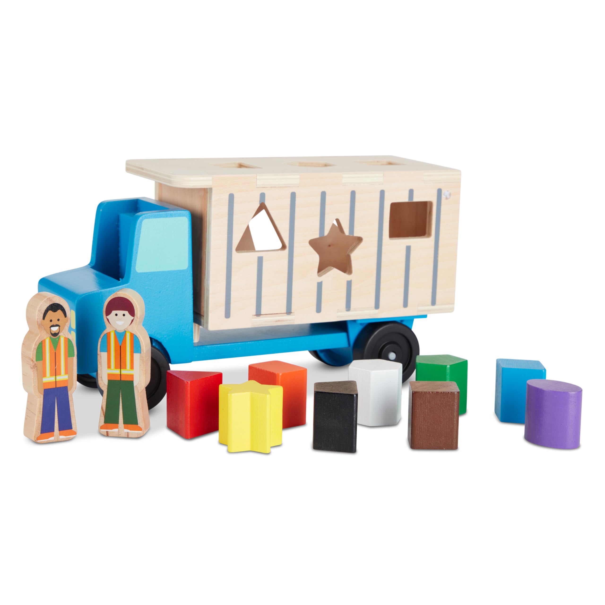 Melissa & Doug Shape-Sorting Wooden Dump Truck Toy with 9 Colorful Shapes and 2 Play Figures Wooden Vehicle Toys, Shape Sorter Toys for Toddlers Ages 2+
