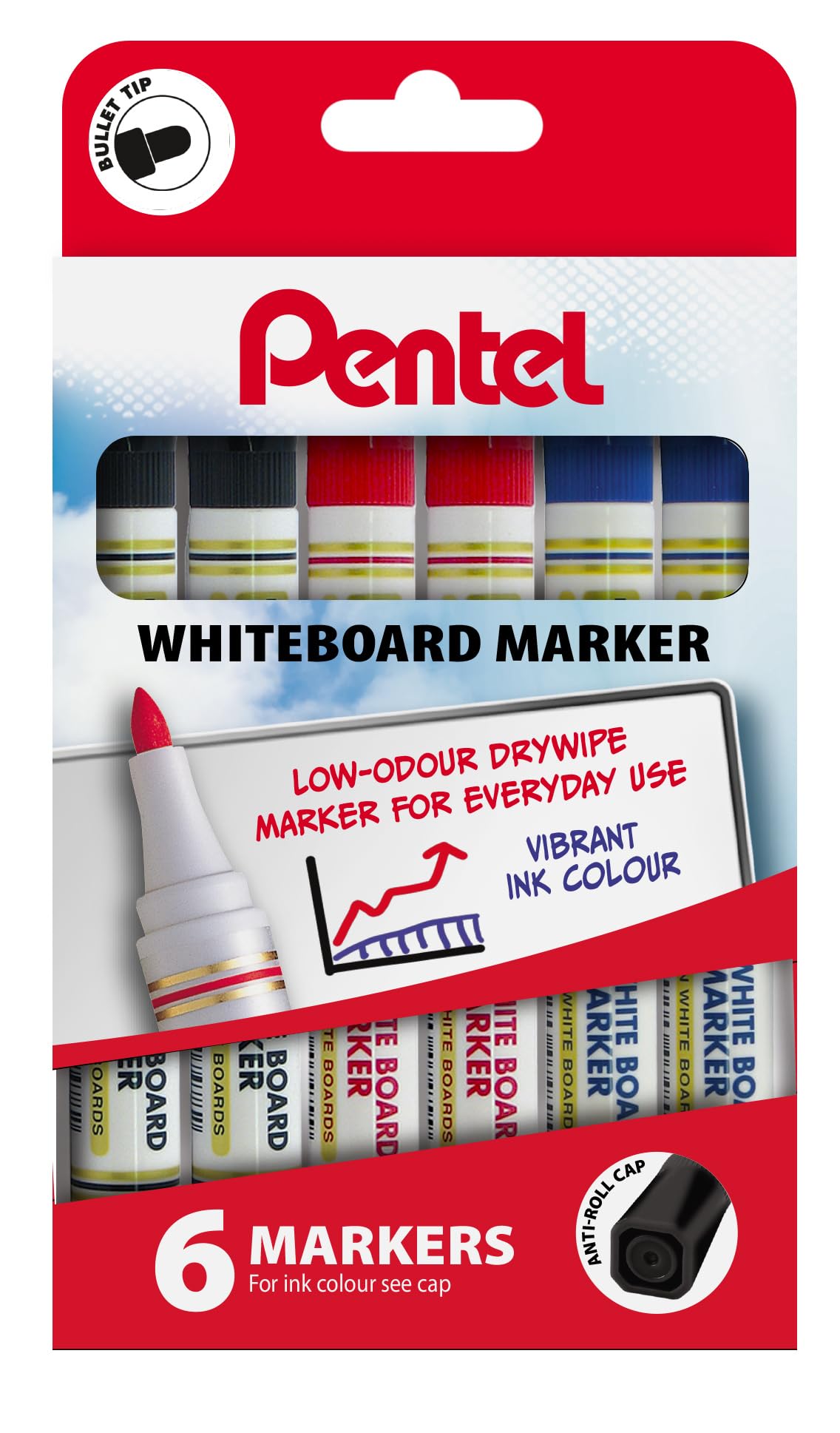 Pentel Whiteboard Marker 6pc Assorted Wallet