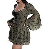 Floerns Women's Plus Size Floral Gothic Dress Flare Long Sleeve Mesh Grunge A Line Dress