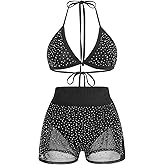 Women Sparkle Rhinestone Mesh Sheer Bikini Sets Halter Bra Top High Waist Shorts Bottom Swimsuits Rave Outfit