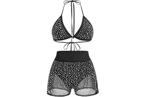 ABAFIP Women Sparkle Rhinestone Mesh Sheer Bikini Sets Halter Bra Top High Waist Shorts Bottom Swimsuits Rave Outfit