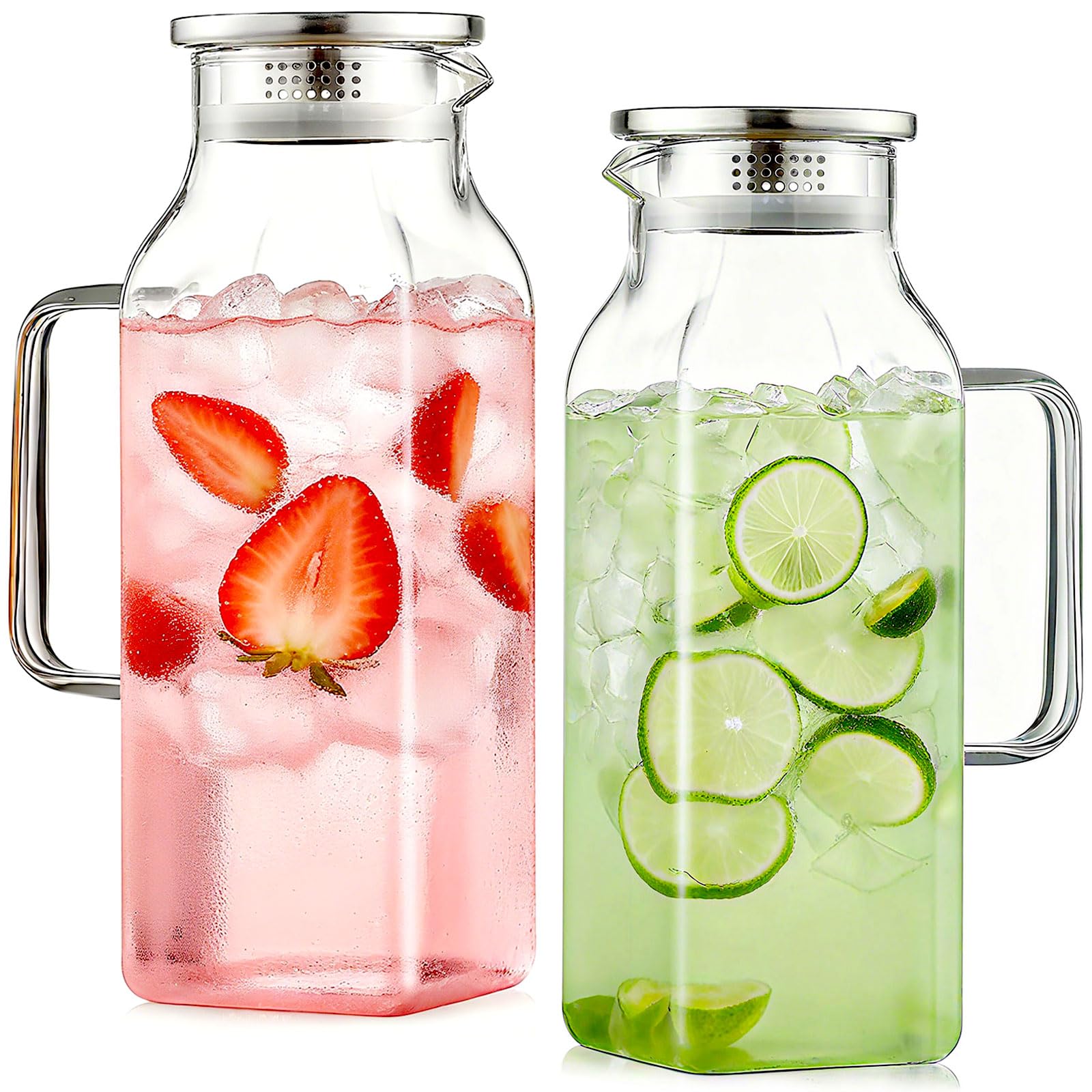 Photo 1 of 2 Pack Glass Pitchers with Handle and Lid, 68 oz/ 2 Liter Square Glass Pitcher, Borosilicate Heat Resistant Water Jug, Modern Carafe for Hot Tea, Cold Brew and Milk, Fridge Safe, Christmas Gifts