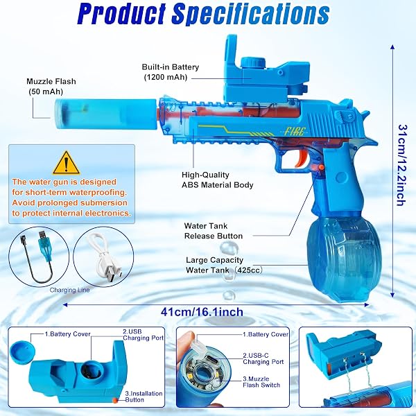 TCXOMINO SUPER ELECTRIC WATER GUN, POWERFUL 425CC HIGH CAPACITY AUTOMATIC SQUIRT GUNS UP TO 32 FT RANGE FOR SWIMMING POOL PARTY BEACH OUTDOOR ACTIVITY
