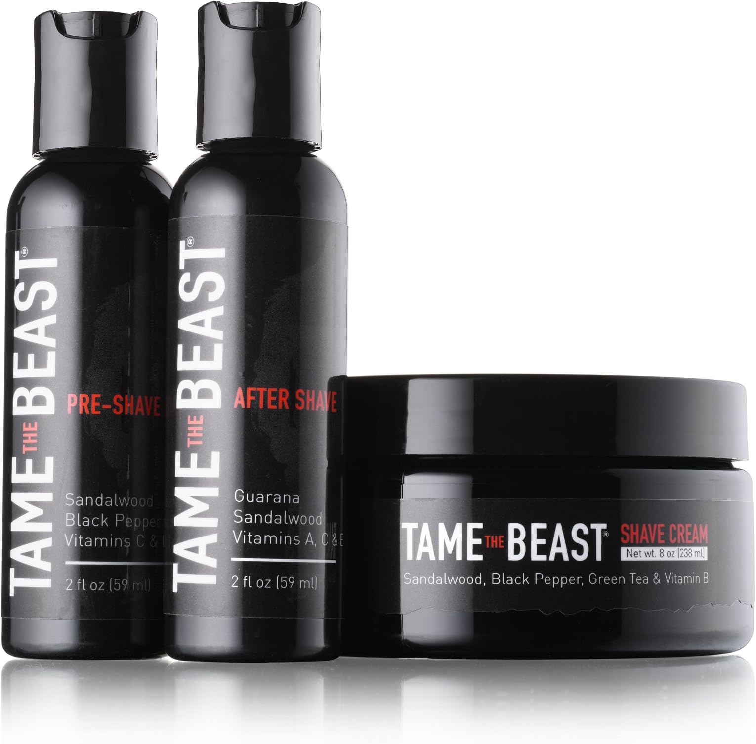 Tame the Beast Sandalwood Shave Kit - Vitamin E Pre Shave Oil, Vitamins B & E Shaving Cream, Vitamin C After Shave Lotion