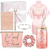 Irenare 8 Pcs Proposal Gifts Set Robes Makeup Bag Cup Cards Hair Tie Bracelet Diamond Pen Bridesmaid Gift Box(Pink,Maid of Honor)