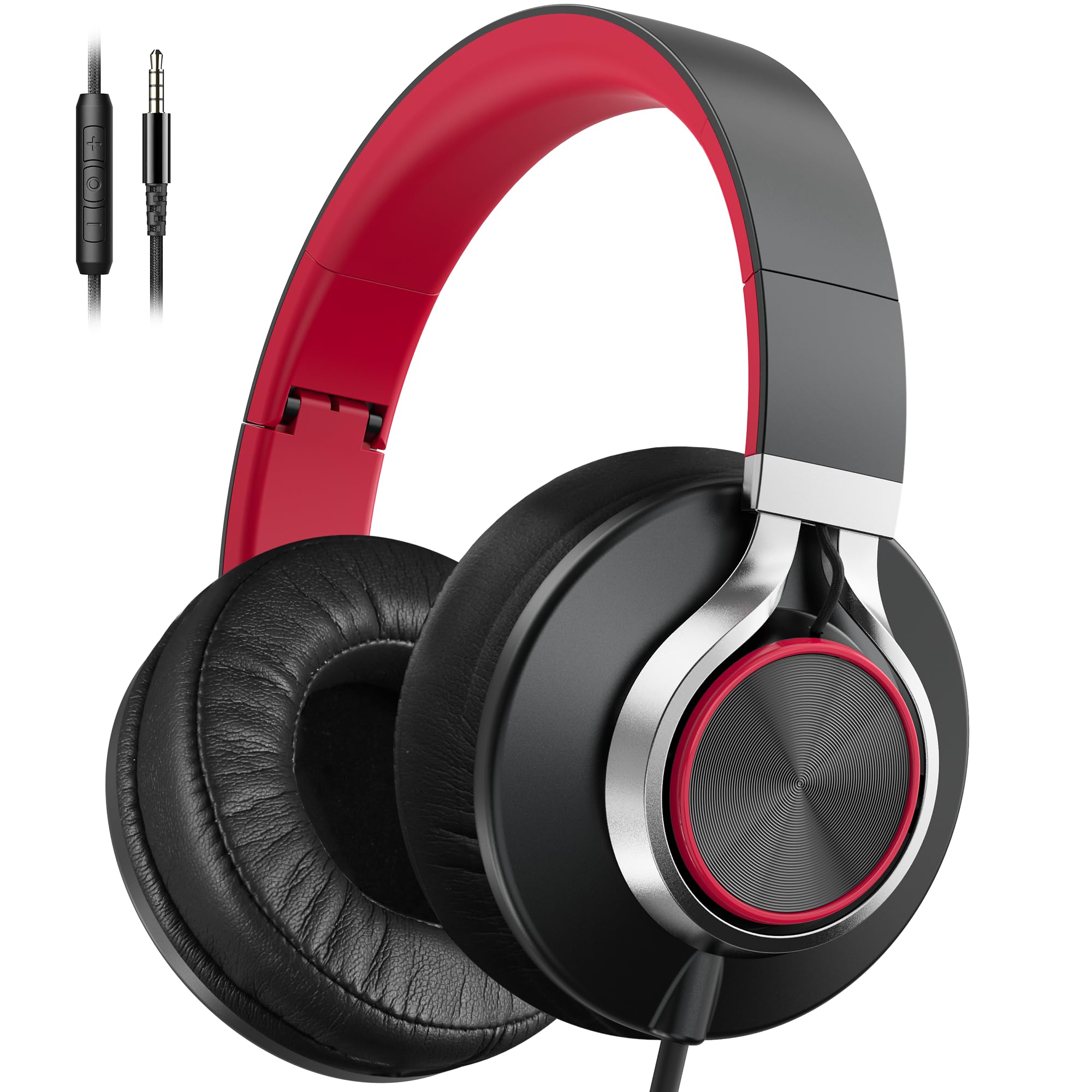 Ailihen Wired Headphones with Microphone and Volume Control, Over-Ear Foldable Corded Stereo Headsets for Teens Adults 3.5mm for Computers, Chromebooks, Tablets (Red)